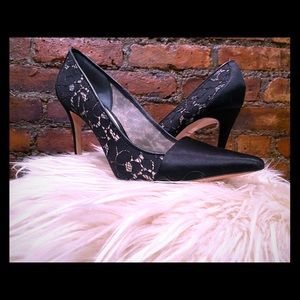 Tory Burch Black satin and lace 4” heels. Gorgeous